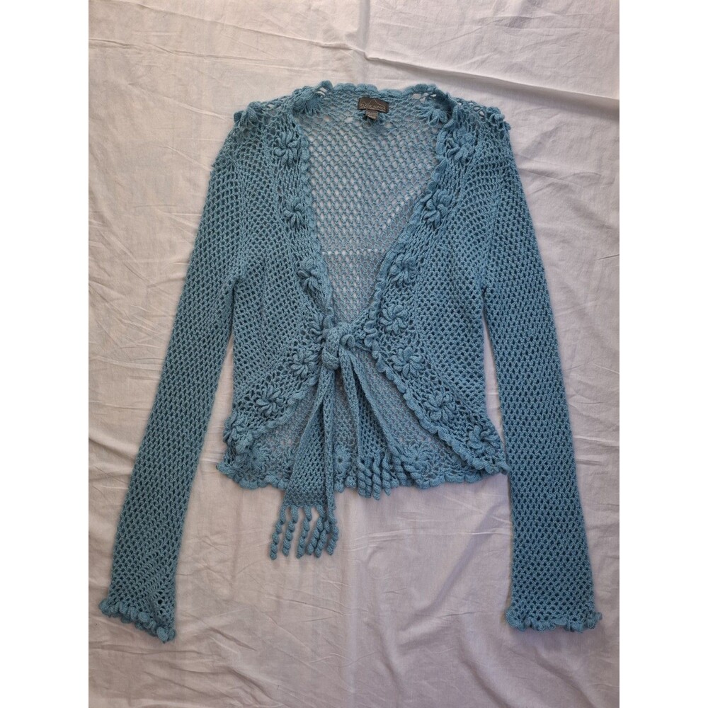 Open Knit Cardigan Alpaca Blue Bell Sleeve Rosette Dainty Whimsical Coquette XL